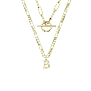 Layered gold paperclip chain necklace featuring a zircon-studded initial B letter pendant