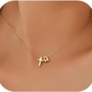 14K Gold Plated Stainless Steel Personalized Initial Letter Cross Pendant Necklace For Women Minimalist Dainty Jewelry Gift