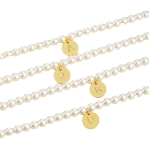Gold initial coin pendant bracelet with white faux pearls for women, bridesmaid gift