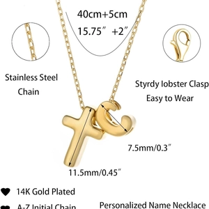 14K gold plated initial C and cross pendant necklace with stainless steel chain