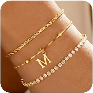 Vergoldetes Messing Zirkonia Anfangsbuchstaben Armband Set Für Damen Mode Tennis Kette Seil Kette Verstellbarer Schmuck