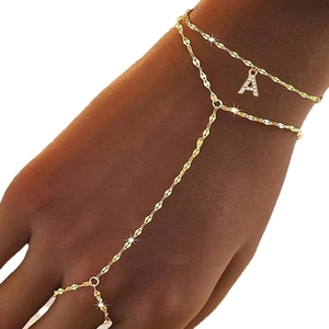 Goldenes Edelstahl Handketten-Armband mit funkelndem Kristall Buchstabe A Anhänger