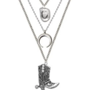 Collana multistrato argento stile western con ciondoli a forma di stivale e cappello