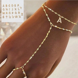 Damen Gold Edelstahl Sklavenarmband Handkette Mit Zirkonia Buchstabenanhänger Fingerring Schmuck