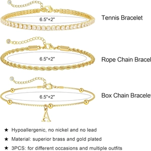 Verstellbares 18K vergoldetes Tennis- und Gliederketten-Set mit Buchstabe A Anhänger
