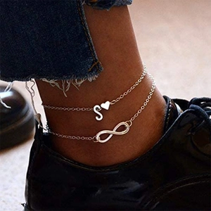 Cavigliera doppia in argento con lettera S, ciondolo a cuore e simbolo infinito