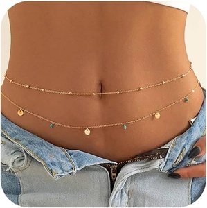 Bohemian Double Layered Stainless Steel Waist Chain With Gold Round Sequins And Turquoise Beads Body Jewelry For Women Beach Party