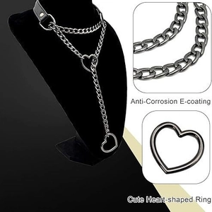 Gothic punk heart choker necklace with black leather straps and multi-layer steel chains