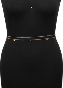 Close-up of double-layer gold waist chain featuring turquoise beads and circular charms
