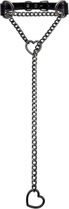 Close-up of black leather choker with heart-shaped metal rings and long punk chain
