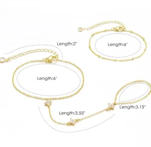 Detailed size guide of 14K gold clover hand chain with AAAAA cubic zirconia dimensions