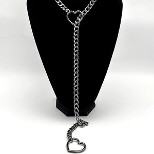 Punk silver stainless steel heart lariat necklace with O-ring chain on black mannequin