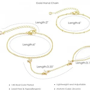 14K gold clover finger bracelet with AAAAA cubic zirconia and size chart diagram