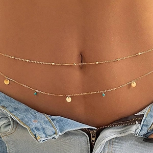Double-layered gold hip chain with sequin pendants and turquoise beads for women