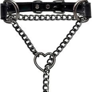 Black leather heart choker necklace with silver chains and O-ring in punk style