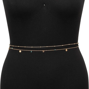 Double-layered gold alloy waist chain with turquoise beads and metallic disc charms