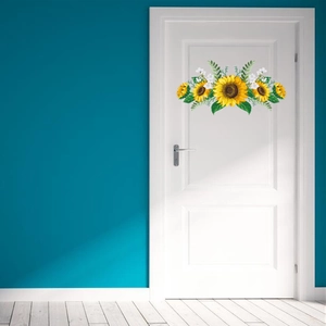 Floral sunflower wall decals displayed on a white door against a blue background