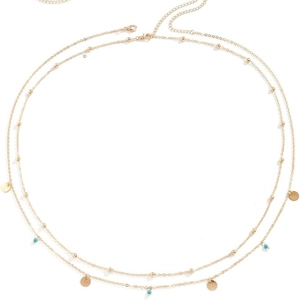 Double-layered gold alloy waist chain with turquoise beads and metallic coin pendants
