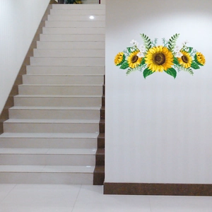 Vibrant sunflower wall sticker display with yellow blooms and green leaves on stair corner