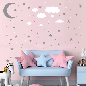 Star and moon wall stickers with white clouds and grey celestial elements for kids rooms