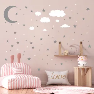 Minimalist grey and white moon, star, and cloud wall stickers for kids' room decoration