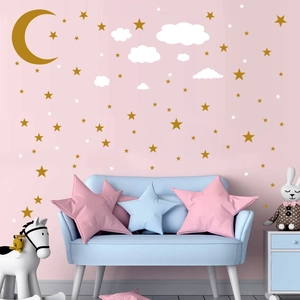 Nursery wall decals set with gold stars, white clouds and moon on pink background