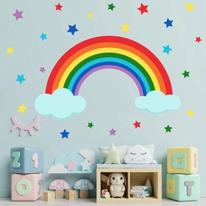 Vibrant rainbow and colorful stars wall sticker set for a cozy kids room decor
