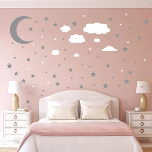 Star Moon and Cloud wall sticker set for kids room decor in minimalist grey and white