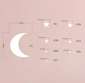 Size guide for moon and stars wall stickers set with 176 pieces in various dimensions