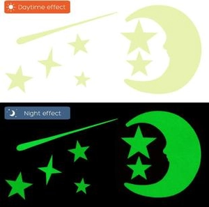Luminous moon and star wall stickers showing daytime look and green night glow effect