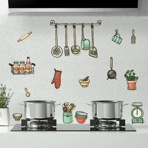 Stickers muraux de cuisine créatifs avec ustensiles et épices sur carrelage moderne