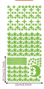 Detailed size chart for glow in the dark wall stickers featuring stars and moon