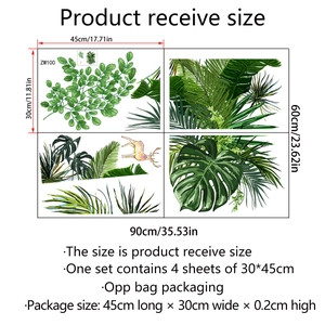 Detailed dimensions of tropical plant wall stickers with palm leaves and elk patterns