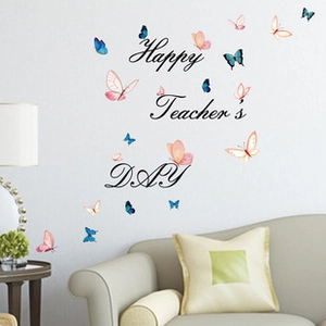Colorful watercolor butterflies and Happy Teacher's Day wall stickers in a cozy living room decor