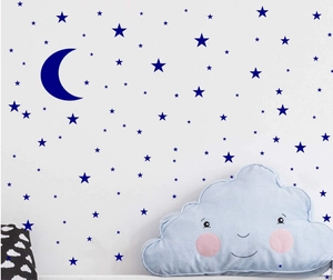 Detail of dark blue moon and star wall stickers set on white wall in nursery