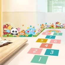 Nursery circus animal wall stickers with pandas and hopscotch floor decals for kids