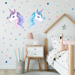 Detail of magical unicorn wall stickers with stars and hearts for children room decor