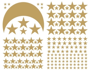 Detail of matte gold moon and stars wall sticker set with various sizes for DIY nursery decor