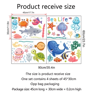 Detailed size specifications for PVC sea life wall stickers featuring cartoon ocean animals