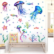 Détail de stickers muraux aquarelle monde marin avec méduses, poissons et coraux