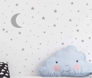 Neutral gray moon and star wall decals set for DIY minimalist nursery room decor