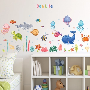Sea Life cartoon wall decals featuring blue whale, shark, and sea turtles for nursery