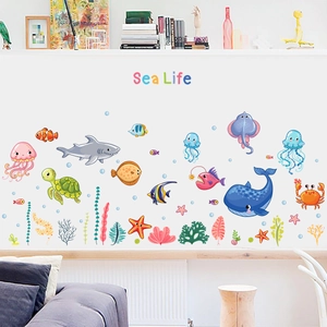 Cartoon sea life wall stickers with shark and whale for nursery room wall decor