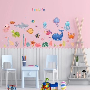 Cartoon ocean world wall stickers with whales and sea turtles for kids' bedroom decor