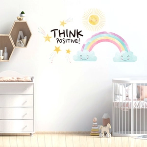Stickers muraux arc-en-ciel et soleil avec citation Think Positive pour enfant