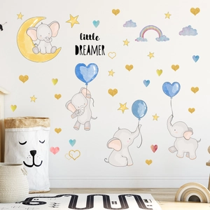 Watercolor elephant wall decal with rainbow and stars for kids nursery decoration