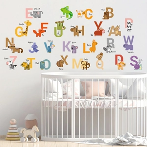 Detail van 26 dieren alfabet muurstickers voor vroege educatie en kinderkamer decor
