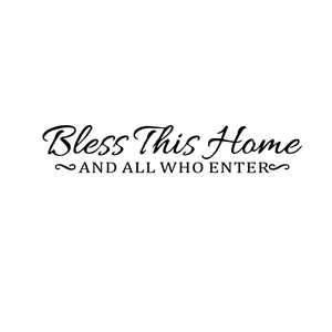 Dettaglio dell'adesivo murale Bless This Home con scritte nere eleganti per decorazione casa
