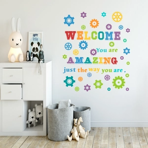 Vinilos decorativos de engranajes con frase Welcome You Are Amazing para dormitorio