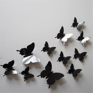 Set of 12 black 3D butterfly wall stickers with mirror accents for home wall decoration